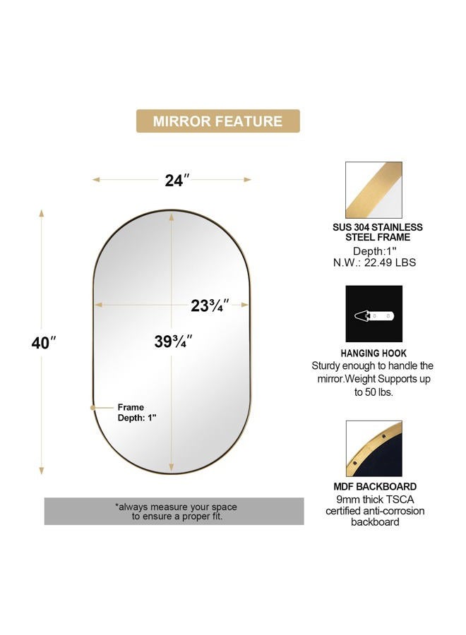 Andy Star Brass Oval Mirror, 24x40 Inch Bathroom Mirror Gold, Brass Vanity Mirror, Pill Shaped Mirrors Gold Metal Frame Stainless Steel 1'' Deep Hang Vertically & Horizontally - Image 2