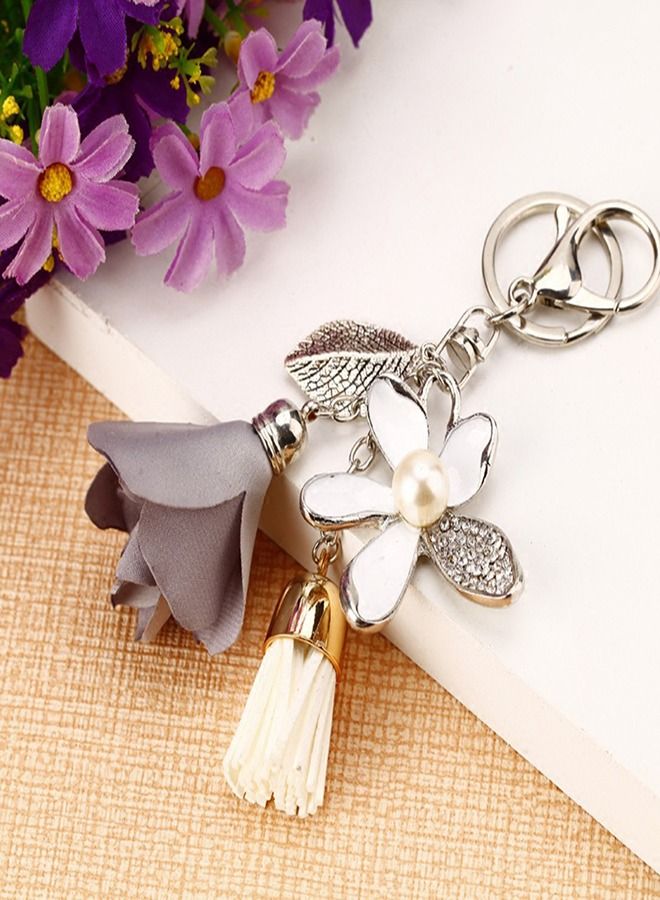 KASTWAVE Flower Keychain for Women, Rhinestone Tassel Leaf Key Ring Women Wallet Bag Pendant Charms, Car Keys Handbag Purse Pendant, Rhinestone Charm Key Ring Bulk Cute Decoration, Kawaii Lanyard (Gray) - Image 1