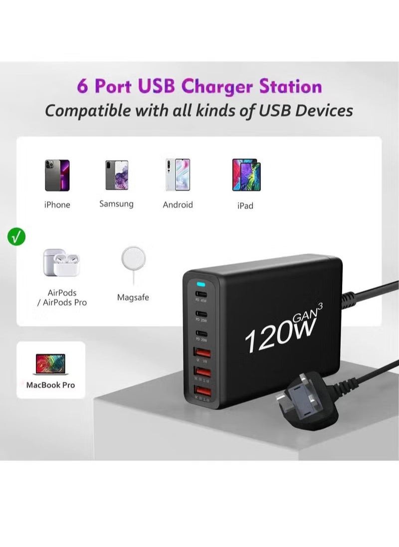 جانا - محطة شحن USB c بقدرة 120 وات GaN مدمجة 6 منافذ USB C - Image 1