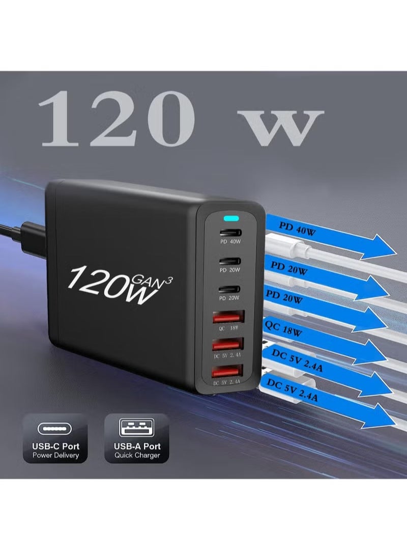جانا - محطة شحن USB c بقدرة 120 وات GaN مدمجة 6 منافذ USB C - Image 1