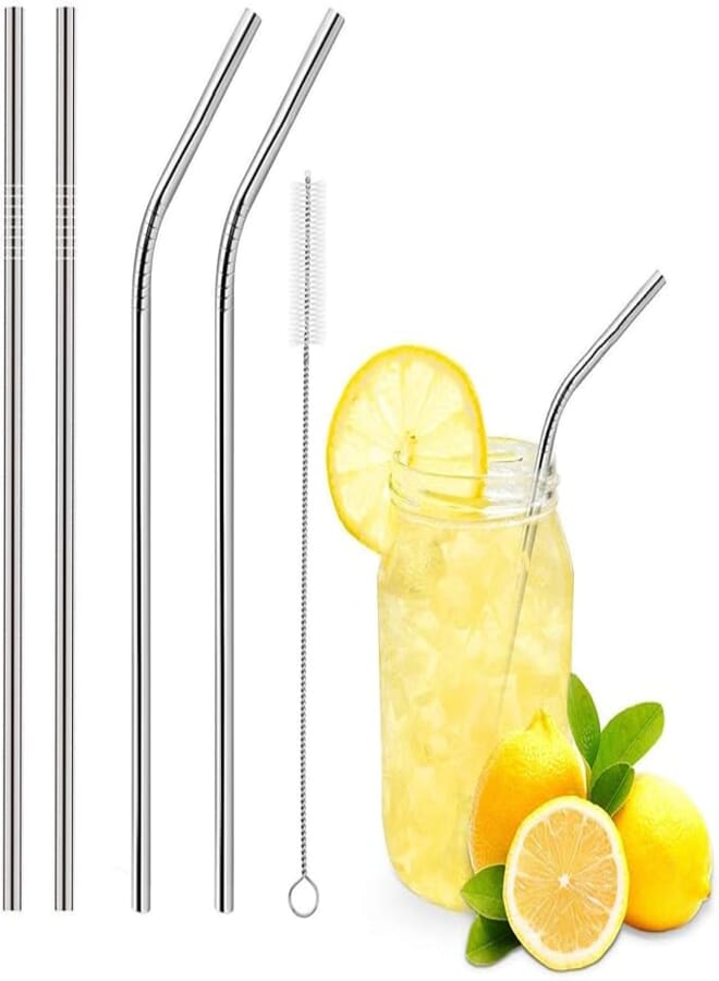 Truvic Reusable BPA-Free Metal, Thick, Long, Dishwasher Safe Stainless Steel Drinking Straws, 8.5 Inches (2 Bend and 2 Straight and 1 Cleaning Brushes) (Set of 2)