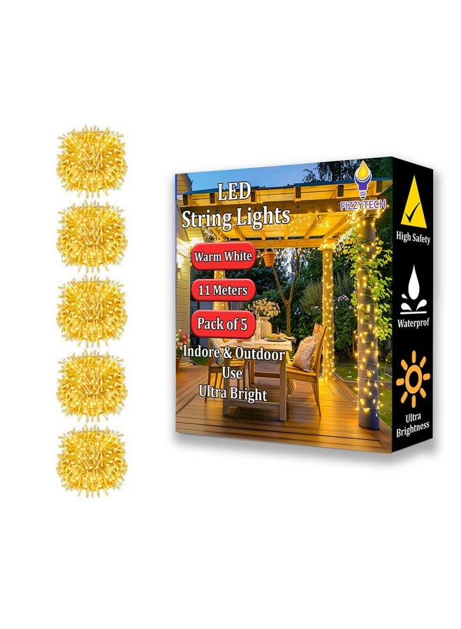 fizzytech 40 LED Rice Light for Decoration Strip and Series Light for Diwali Christmas Lights of Home Decoration, Bedroom Wedding Birthday Party -11 Meter (Warm White, Pack of 5) - Image 1