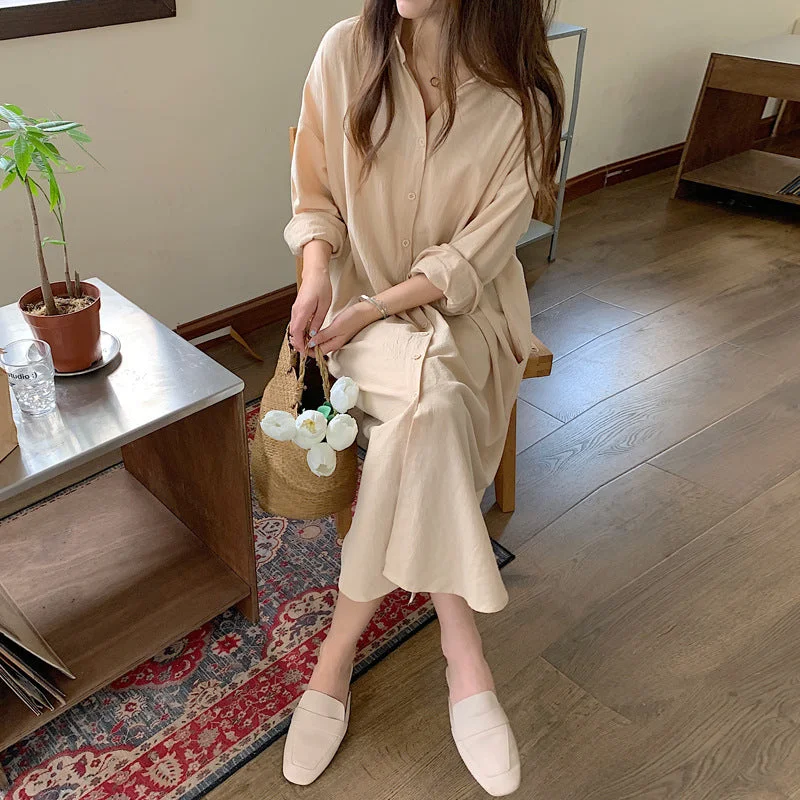 OUTZIDR Brown Longline Button Down Shirt Dress