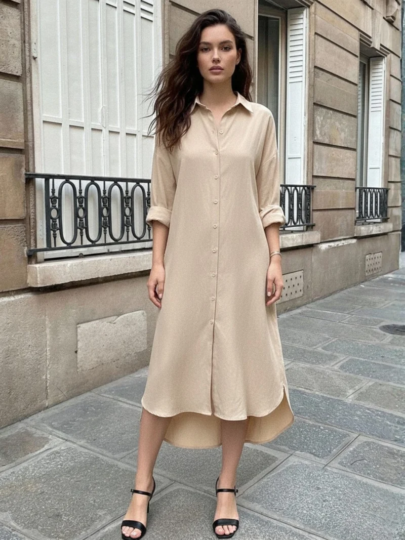 Outzidr Brown Brown Longline Button Down Shirt Dress for Women | Best Price UAE