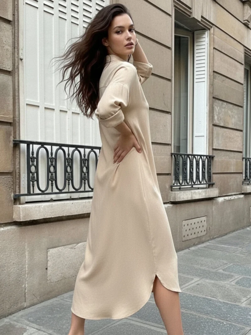 Outzidr Brown Brown Longline Button Down Shirt Dress for Women | Best Price UAE