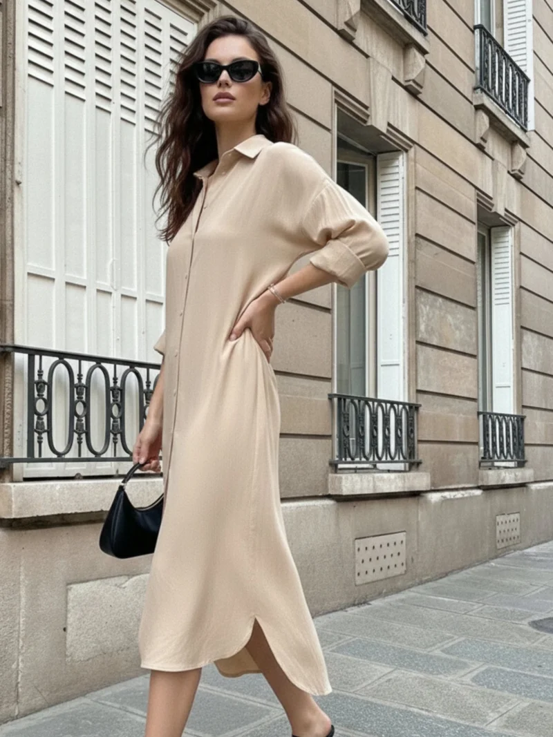 Outzidr Brown Brown Longline Button Down Shirt Dress for Women | Best Price UAE