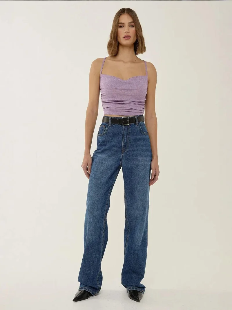 HICCUP Asymmetrical Neck Glitter Knitted Crop Tank Top