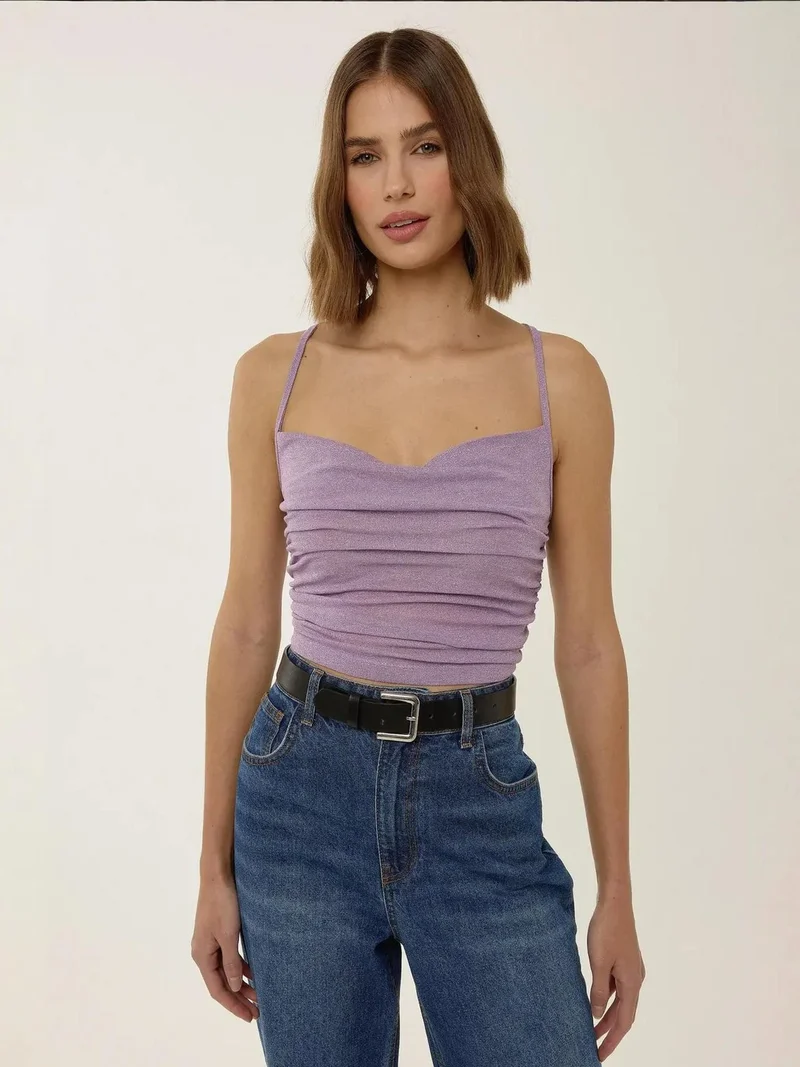 HICCUP Asymmetrical Neck Glitter Knitted Crop Tank Top