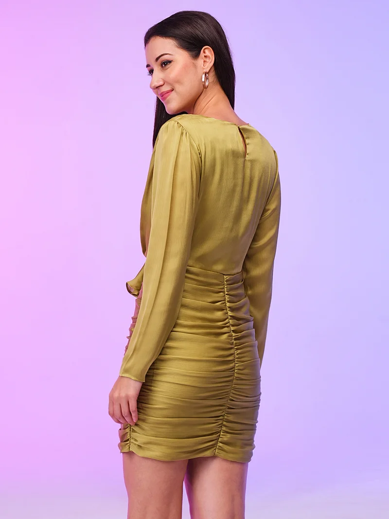 globus Globus Women Green V-Neck Long Sleeves Ruffles Casacade Detail Ruched Bodycon Mini Party Dress