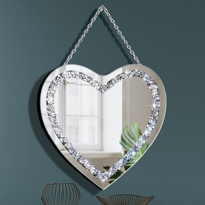 DMDFIRST Crystal Crush Diamond Heart Shaped Silver Mirror with Silver Stainless Steel Chain for Wall Decoration 12x12x05 inch Frameless Glam Mirror