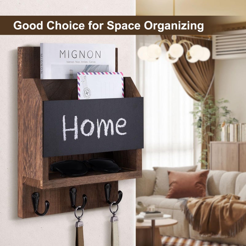 Lucundm Key and Mail Holder for Wall, Key Holder with Chalkboard and Long Storage Box, Key Hanger with 3 Sturdy Hooks for Coat, Dog Leash, Entryway Mail Organizer (Brown) - Image 2