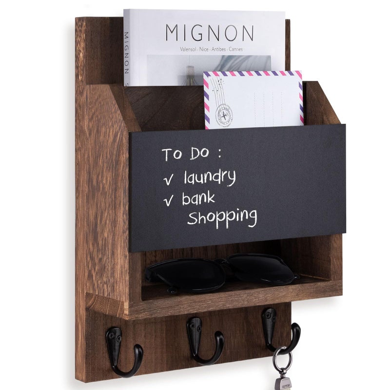 Lucundm Key and Mail Holder for Wall, Key Holder with Chalkboard and Long Storage Box, Key Hanger with 3 Sturdy Hooks for Coat, Dog Leash, Entryway Mail Organizer (Brown) - Image 1