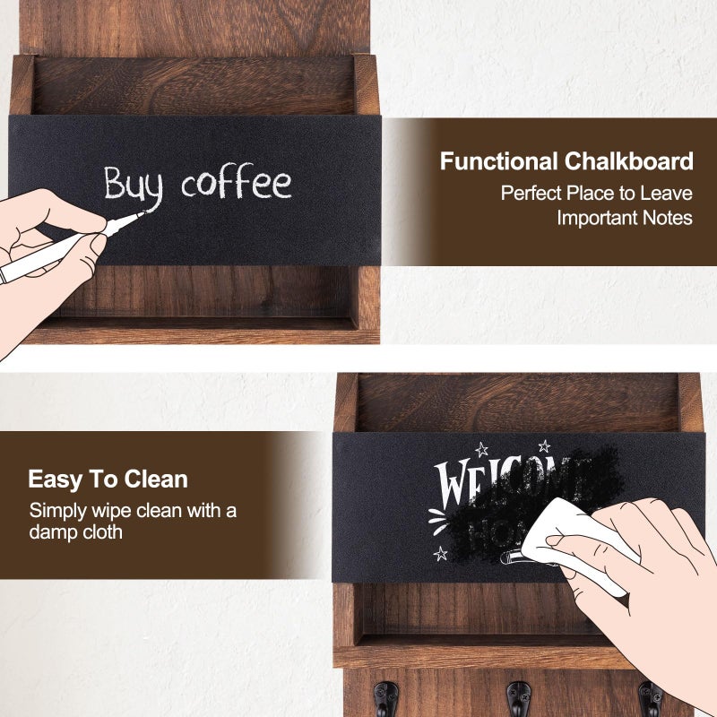 Lucundm Key and Mail Holder for Wall, Key Holder with Chalkboard and Long Storage Box, Key Hanger with 3 Sturdy Hooks for Coat, Dog Leash, Entryway Mail Organizer (Brown) - Image 5