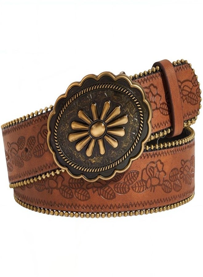 CALFOVERA 48.43 x 1.5 Inch Western Cowboy Embossed Waist Belt for Women Brown PU Leather Country Cowgirl Belt with Retro Oval Flower Alloy Buckle Adjustable Vintage Waistbelt for Men Jeans Pants - Image 1