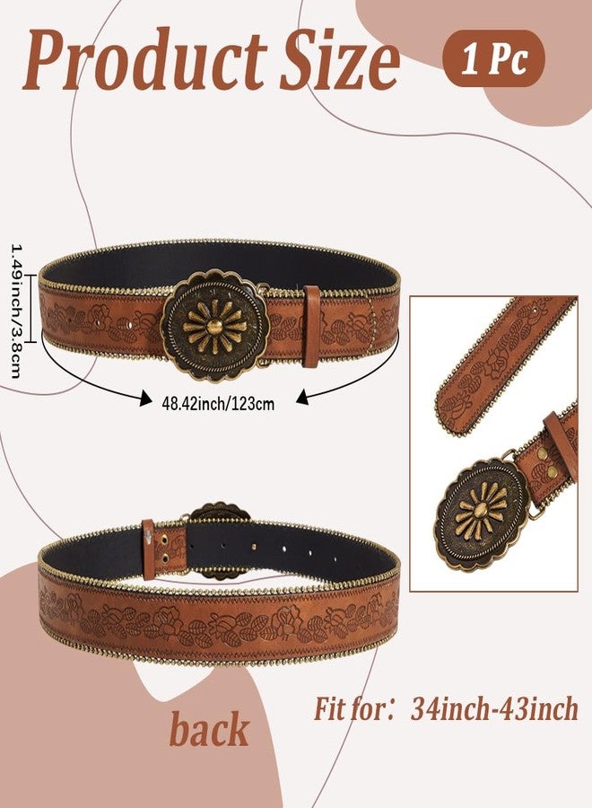 CALFOVERA 48.43 x 1.5 Inch Western Cowboy Embossed Waist Belt for Women Brown PU Leather Country Cowgirl Belt with Retro Oval Flower Alloy Buckle Adjustable Vintage Waistbelt for Men Jeans Pants - Image 2