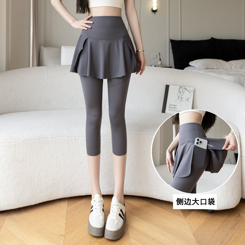 Fake Two-piece Hidden Pocket Shark Culottes 2025 New High Waist Outdoor Cycling Pants Outer Wear plus size Yoga Pants Gray [7-point pants] 