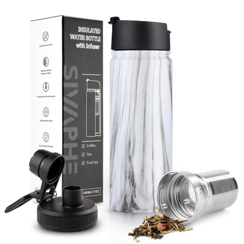Tea Infuser Bottle With Removable Loose Leaf 188 Stainless Steel Insulated Travel Tea Strainer Tumbler tea drinkers gifts for womenWhite Marble