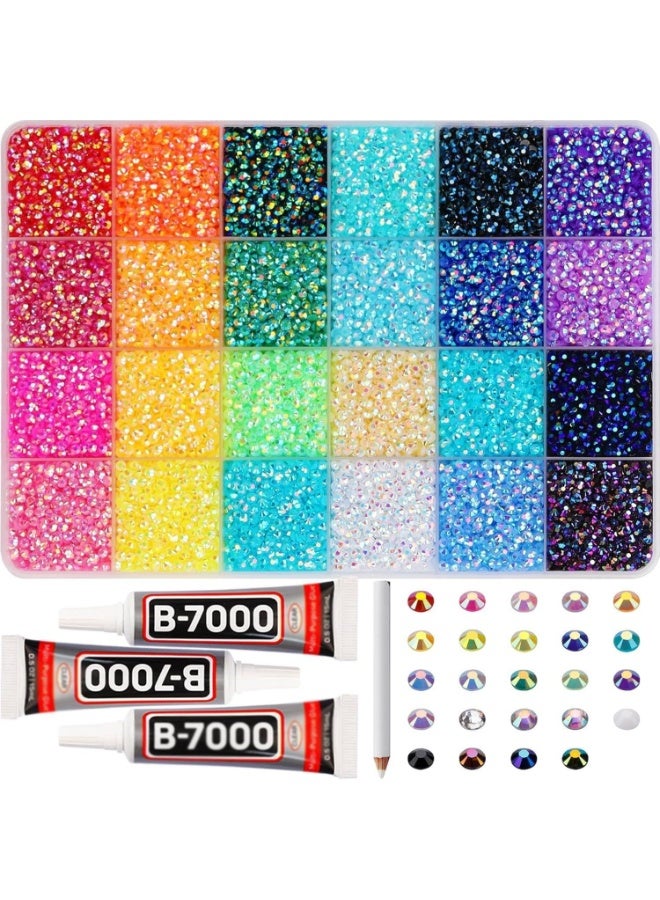 ChicAbode 24000 Pcs 3mm Rainbow Flatback Rhinestones Kit with Glue, Colorful Resin Rhinestone for Crafts, Clothes, DIY Jewelry, Nail Art and Fabric Decoration - Image 1