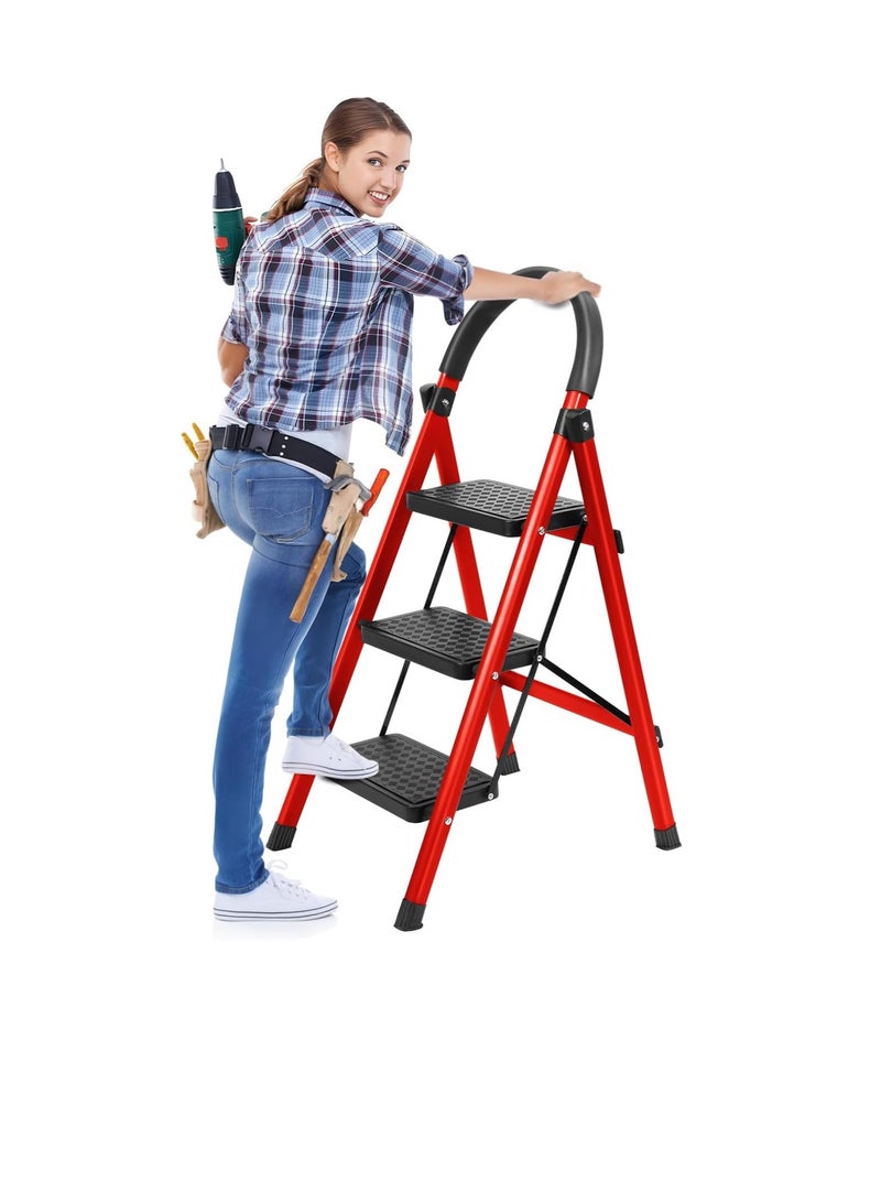 سلم بثلاث درجات قابل للطي – مزود بدرجات عريضة مانعة للانزلاق ومقابض – للاستخدام المنزلي أو الخارجي أو في عربات التخييم – يتحمل حتى 150 كجم – أحمر - Image 1