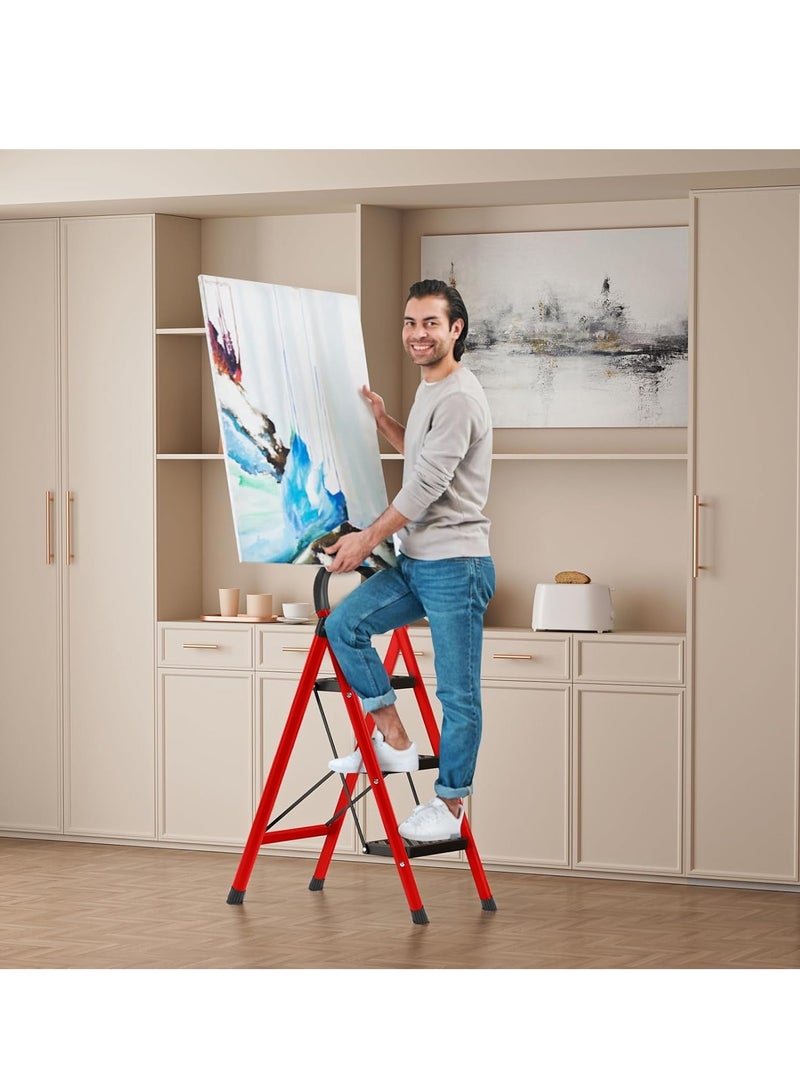 سلم بثلاث درجات قابل للطي – مزود بدرجات عريضة مانعة للانزلاق ومقابض – للاستخدام المنزلي أو الخارجي أو في عربات التخييم – يتحمل حتى 150 كجم – أحمر - Image 3