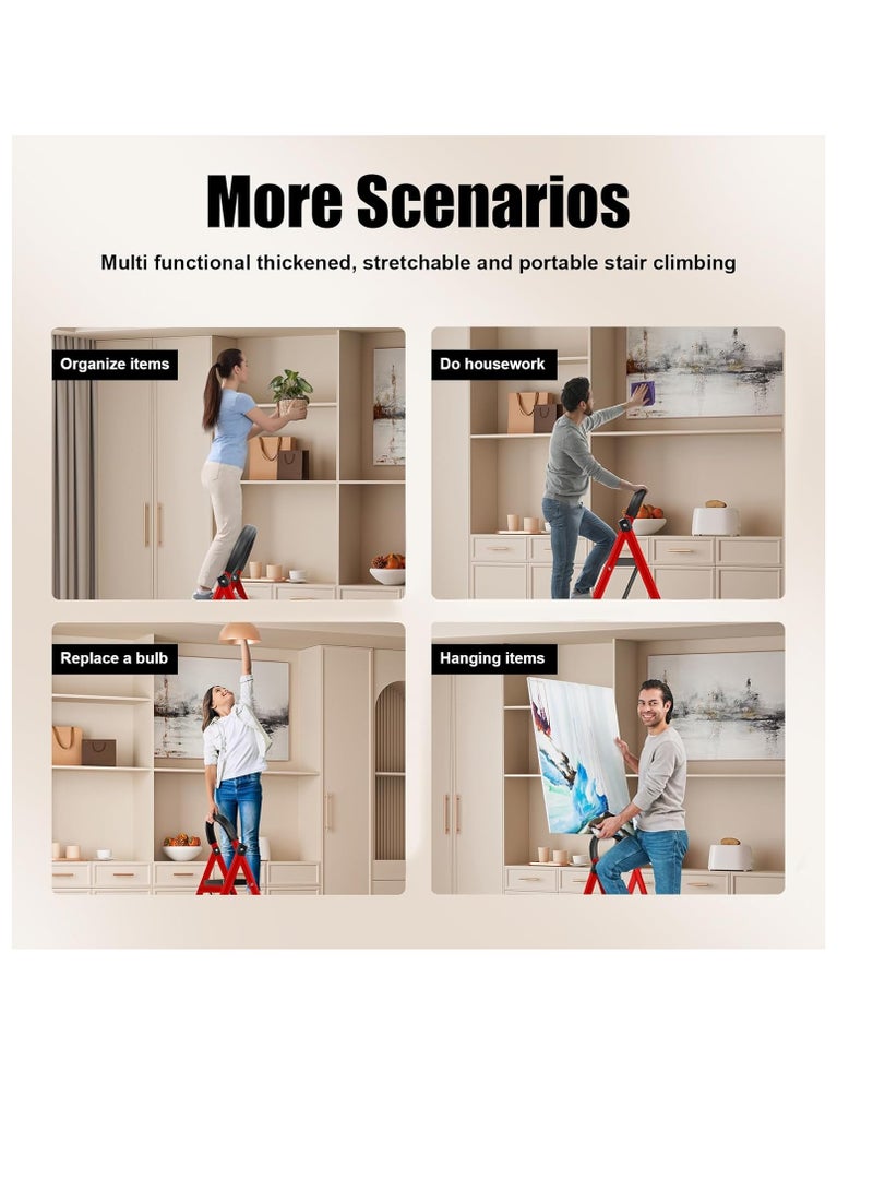 سلم بثلاث درجات قابل للطي – مزود بدرجات عريضة مانعة للانزلاق ومقابض – للاستخدام المنزلي أو الخارجي أو في عربات التخييم – يتحمل حتى 150 كجم – أحمر - Image 4