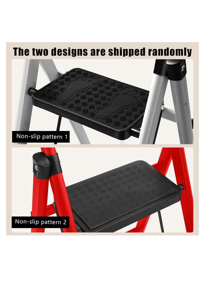 سلم بثلاث درجات قابل للطي – مزود بدرجات عريضة مانعة للانزلاق ومقابض – للاستخدام المنزلي أو الخارجي أو في عربات التخييم – يتحمل حتى 150 كجم – أحمر - Image 5