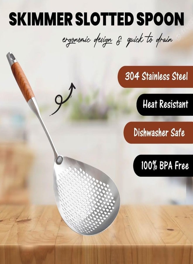 NAWAZJEE Skimmer Slotted Spoon 304 Stainless Steel With Wooden Handle 16.8 inch Skimmer Spider Food Strainer Ladle Kitchen Cooking Colander for Pasta Deep Frying Scoop - Image 2