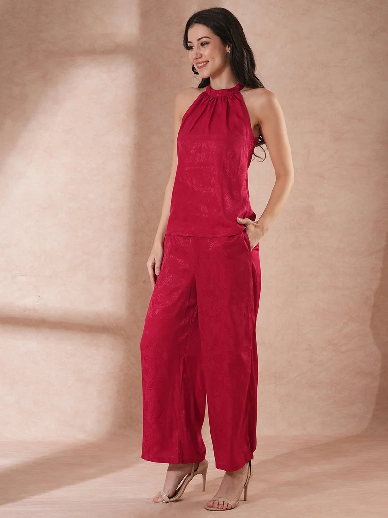 globus Women Maroon Self Design Halter Neck Top With Trousers