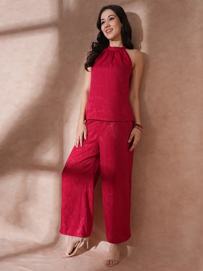 globus Women Maroon Self Design Halter Neck Top With Trousers