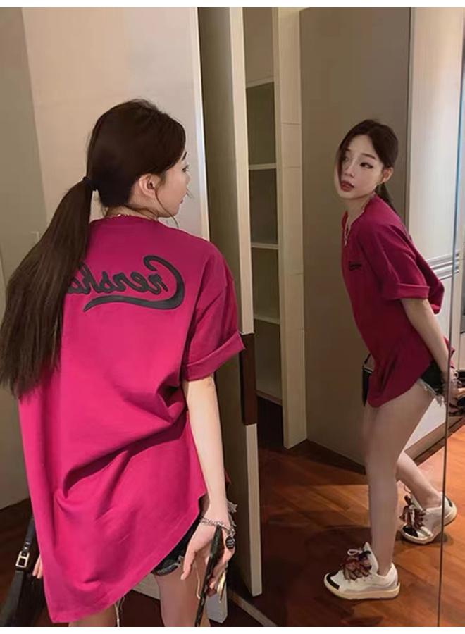 VUELO Pure Cotton Korean Style Loose Women's Clothing Fashion Wear Short Sleeve Top Mid-length Chic Design Sense Letter T-shirt Women's Trendy 