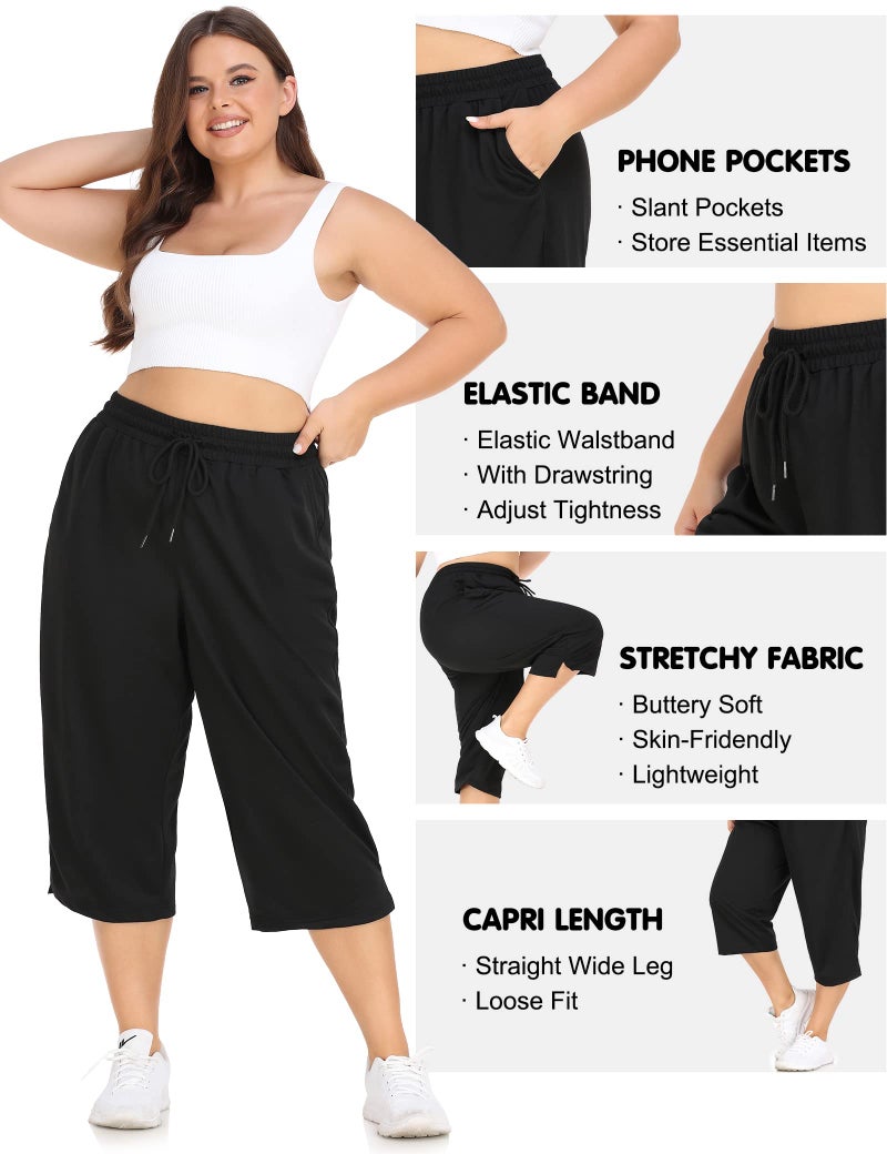 FOREYOND Plus Size Capri Pants for Women Loose Fit Yoga Pants with Pockets Workout Activewear Sweatpants Black - Image 3