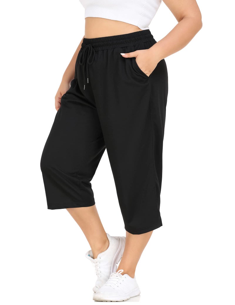 FOREYOND Plus Size Capri Pants for Women Loose Fit Yoga Pants with Pockets Workout Activewear Sweatpants Black - Image 1