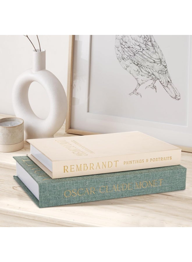 Decorative Books Set of 2, Beautiful Linen Boxes Decor Coffee Table Bookshelf or Mantle, Modern Hardcover Stacked Display Books, Storage Box, Photo Storage and as a Keepsake Box (Green+Beige) - Image 1