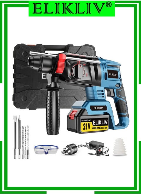 21V Rotary Hammer Drill,3-in-1 Mode Brushless Impact Drill,Demolition Hammer Kit with 4.0Ah Batterie,Vibration Damping Technology,Variable Speed,360 Degree Rotatable Side Handle