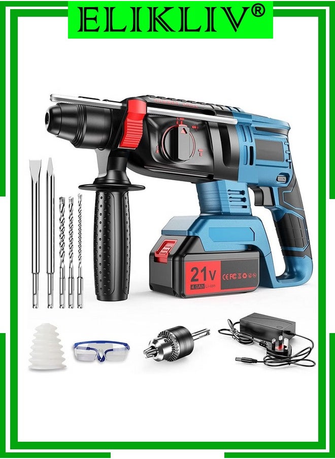 21V Rotary Hammer Drill,3-in-1 Mode Brushless Impact Drill,Demolition Hammer Kit with 4.0Ah Batterie,Vibration Damping Technology,Variable Speed,360 Degree Rotatable Side Handle 