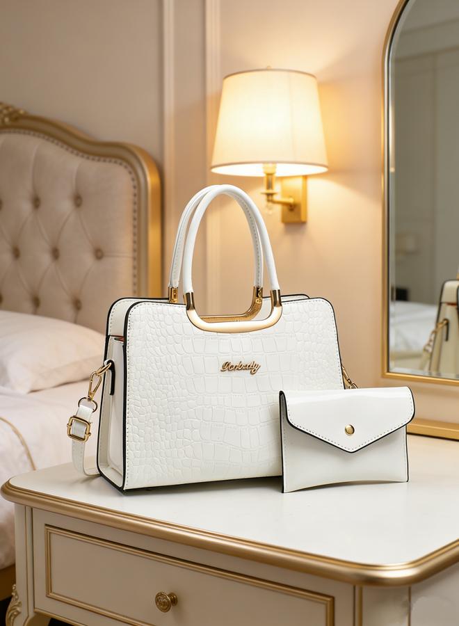 Take Two White Croc-Embossed Handbag with Purse - Image 4