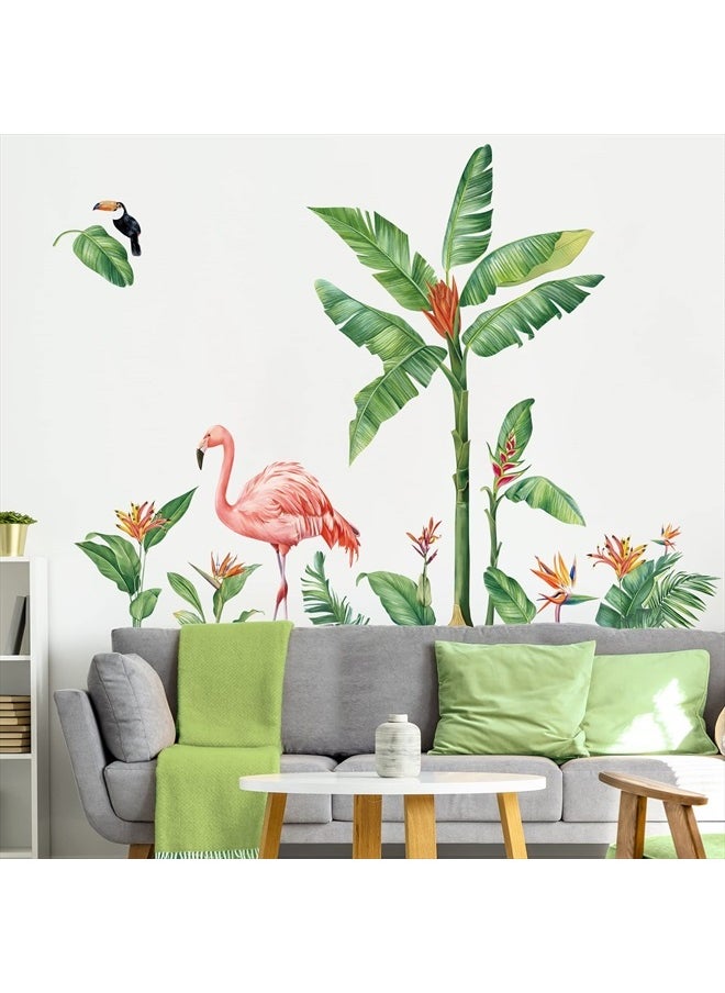 decalmile - Tropical Leaves Wall Decals Flamingo Green Plants Wall Stickers Living Room Bedroom Sofa TV Background Wall Decor - Image 1
