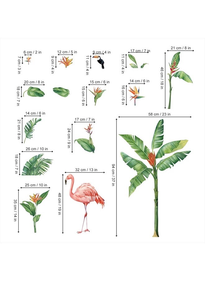 decalmile - Tropical Leaves Wall Decals Flamingo Green Plants Wall Stickers Living Room Bedroom Sofa TV Background Wall Decor - Image 1