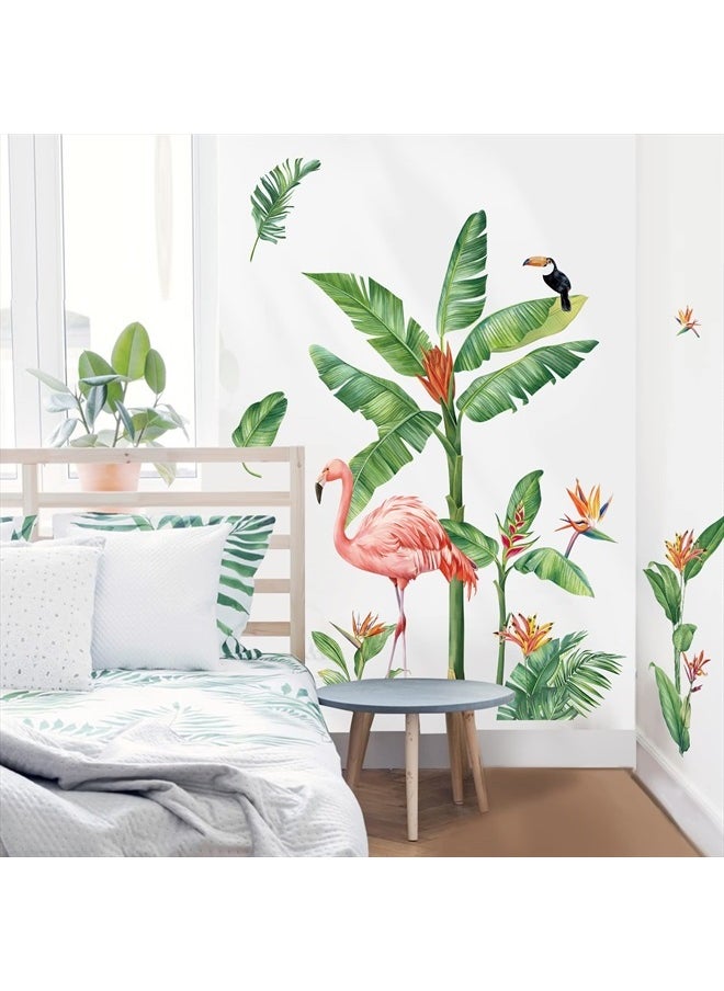 decalmile - Tropical Leaves Wall Decals Flamingo Green Plants Wall Stickers Living Room Bedroom Sofa TV Background Wall Decor - Image 1