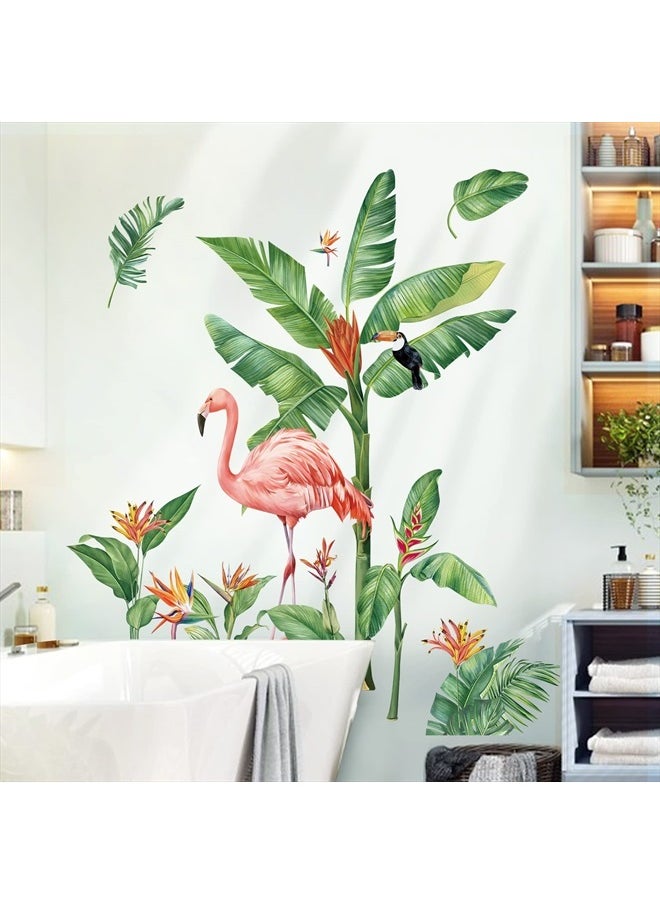 decalmile - Tropical Leaves Wall Decals Flamingo Green Plants Wall Stickers Living Room Bedroom Sofa TV Background Wall Decor - Image 1