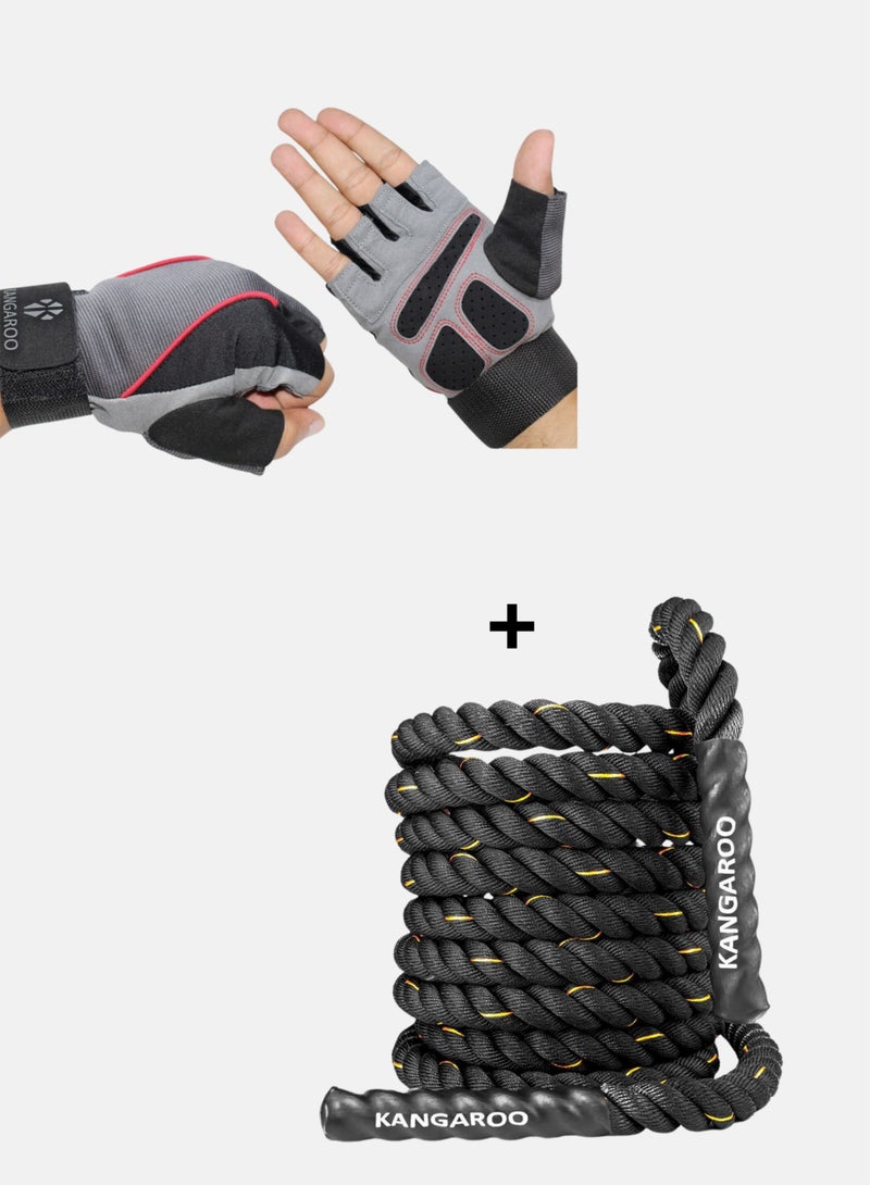 كانجرو حبل معركة متقاطع للتمارين الرياضية للجنسين  بطول 7م وسمك 4 سم مع قفاز - Image 1
