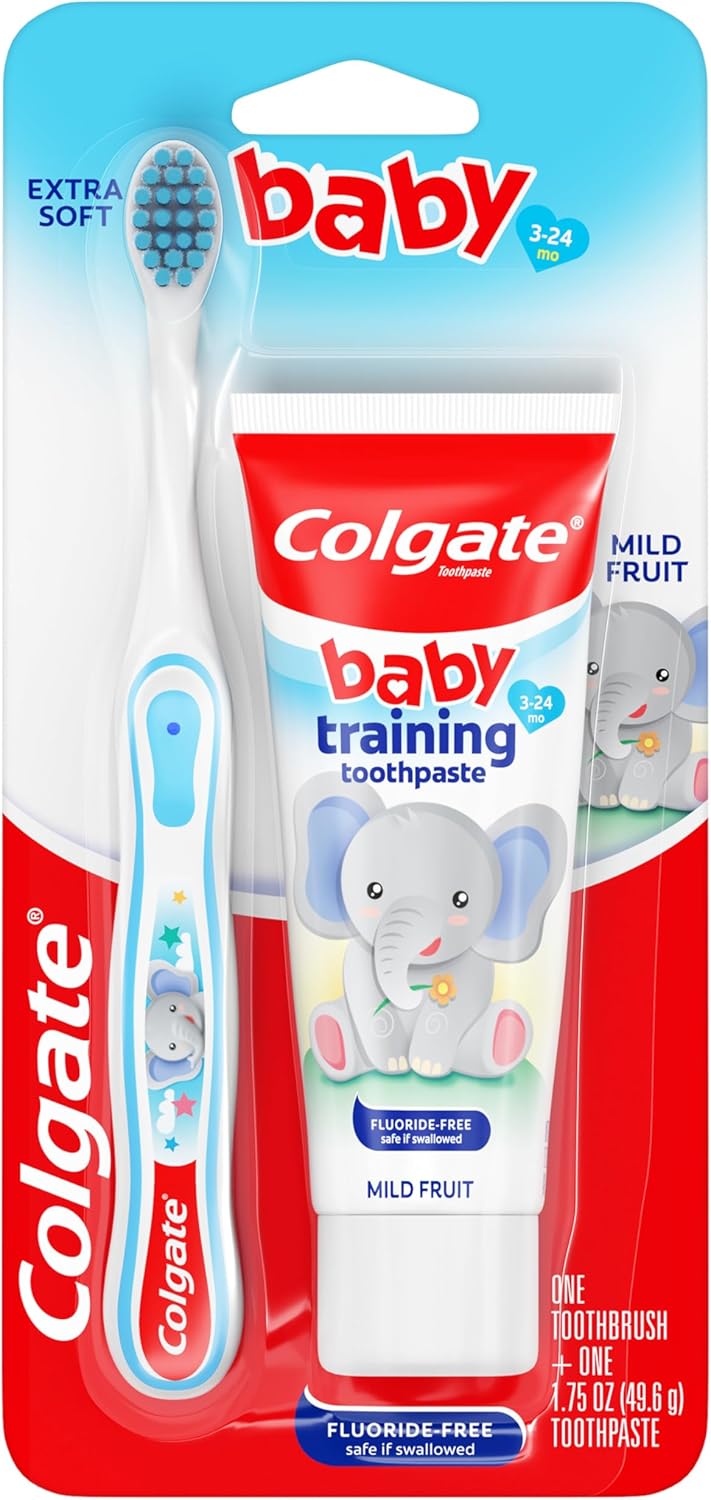 Colgate مجموعة معجون الأسنان وفرشاة الأسنان للأطفال بنكهة الفاكهة اللطيفة للأعمار من 3 إلى 24 شهرًا