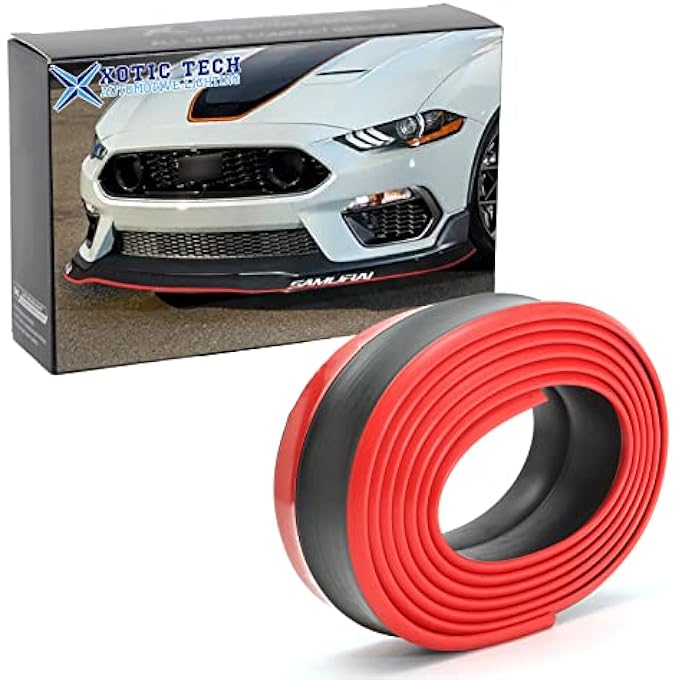 Xotic Tech Car Bumper Protector, 1 x 8ft Rubber Front Bumper Lip Spoiler Splitter Chin Trim, Universal Black Red - Image 1