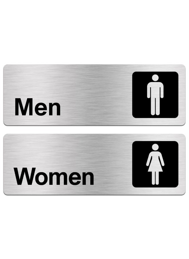 CMGTYYD. لافتات دورات المياه للرجال والنساء للأعمال، AZONEE 9 × 3 بوصة من الألومنيوم المصقول، مقاوم للماء، ذاتية اللصق للمطاعم والفنادق والحمامات ودورات المياه العامة - فضي (2 عبوة) - Image 1