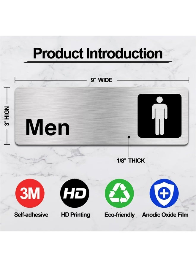 CMGTYYD. لافتات دورات المياه للرجال والنساء للأعمال، AZONEE 9 × 3 بوصة من الألومنيوم المصقول، مقاوم للماء، ذاتية اللصق للمطاعم والفنادق والحمامات ودورات المياه العامة - فضي (2 عبوة) - Image 2