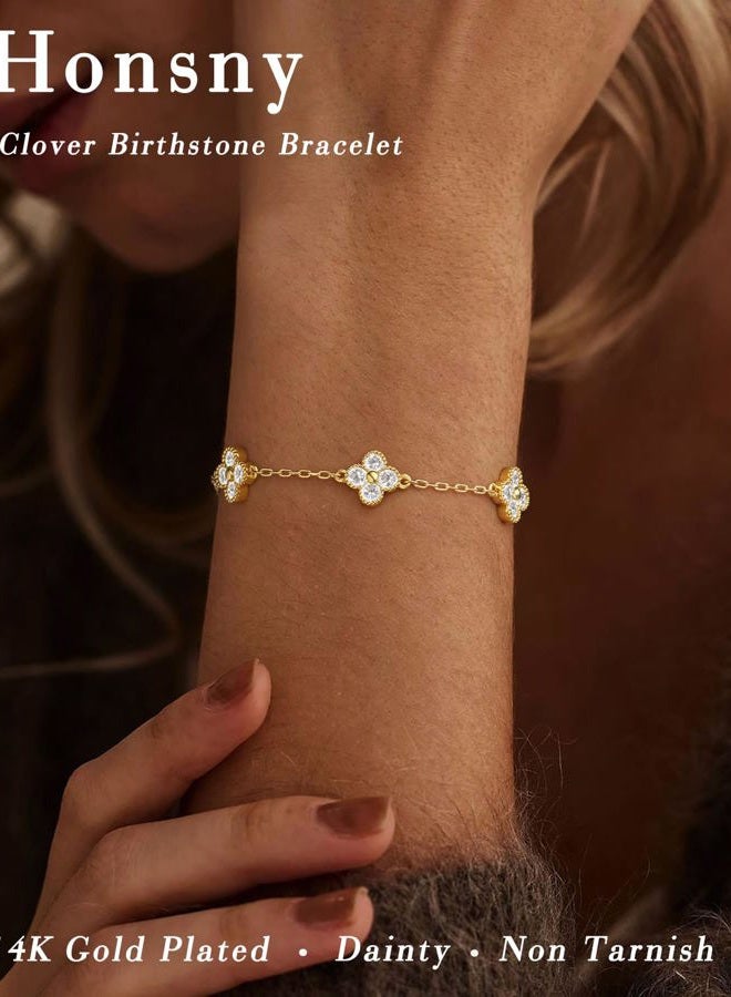 Honsny Gold Birthstone Clover Bracelets for Women Trendy Non Tarnish 14K Gold Plated Flower Dainty Diamond Charm Stackable Bracelets for Women Waterproof Jewelry for Women Best Friend Christmas Gifts - Image 2