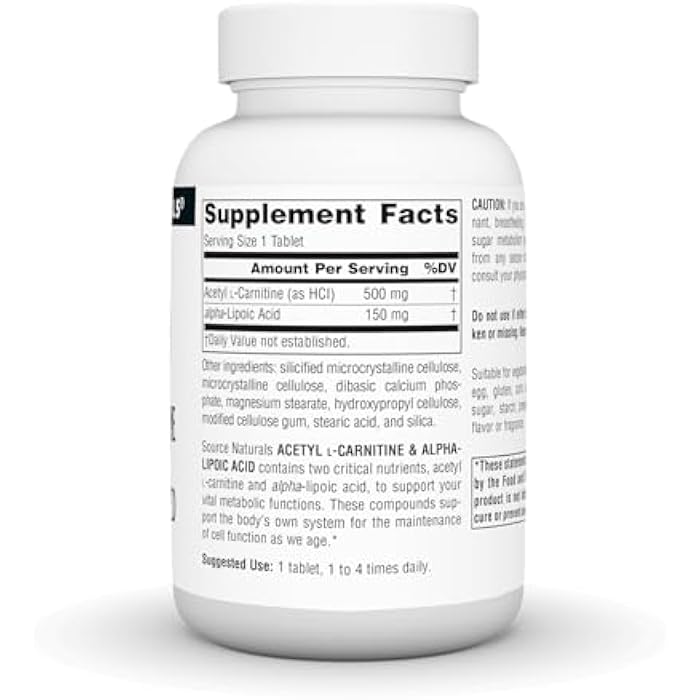 Source Naturals Acetyl L-Carnitine & Alpha-Lipoic Acid, for Cellular Vitality*, 650mg - 60 Tablets - Image 2