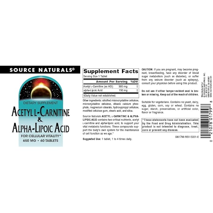 Source Naturals Acetyl L-Carnitine & Alpha-Lipoic Acid, for Cellular Vitality*, 650mg - 60 Tablets - Image 4