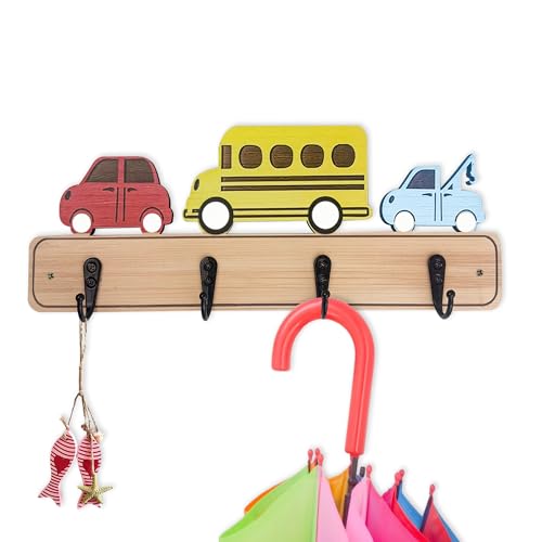 Midrean Wood Decorative Kids Wall Hooks for Hanging Giraffe Elephant Safari Nursery Decor for Clothes Hats Robes (car) - Image 1