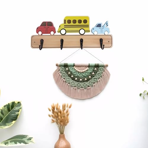 Midrean Wood Decorative Kids Wall Hooks for Hanging Giraffe Elephant Safari Nursery Decor for Clothes Hats Robes (car) - Image 3